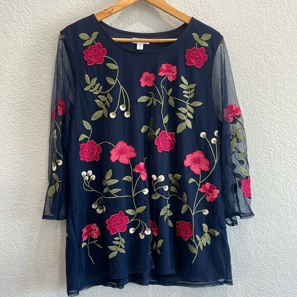 Charter Club Navy Blue Lined Floral Embroidered 3/4 Sleeve Blouse Size XL - Picture 2 of 8
